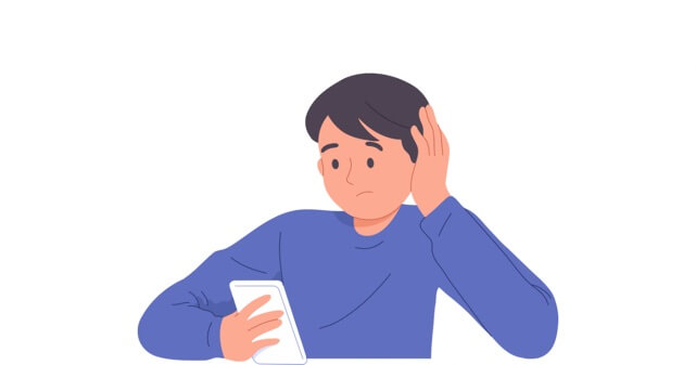 スマホを持ちながら頭を悩ます男性のイラスト